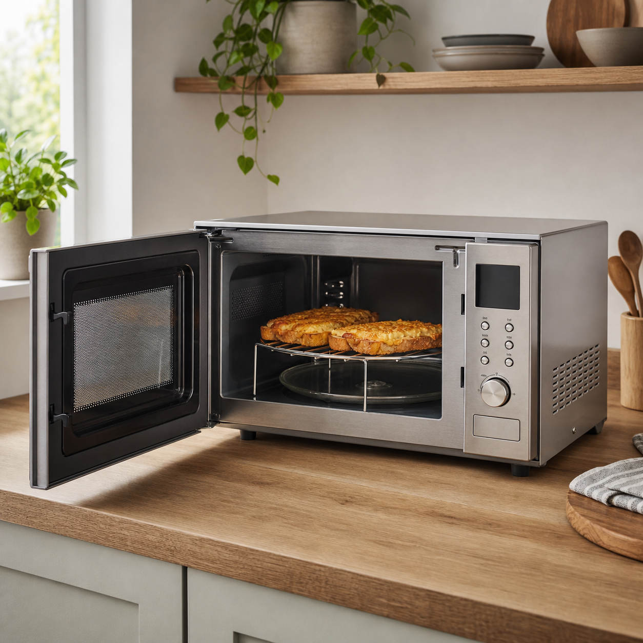 Combination microwave with grill rack and browned food inside on a kitchen counter