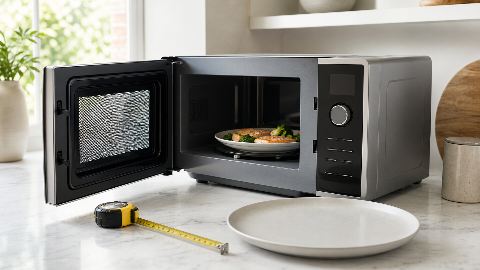 Open microwave with dinner plate and tape measure on a kitchen worktop for size checking