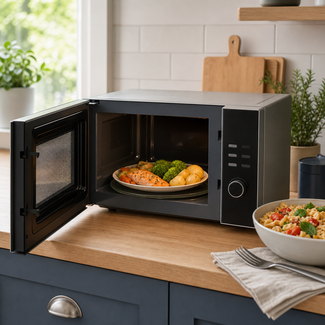Microwave with a full dinner plate inside and a larger meal bowl on the worktop