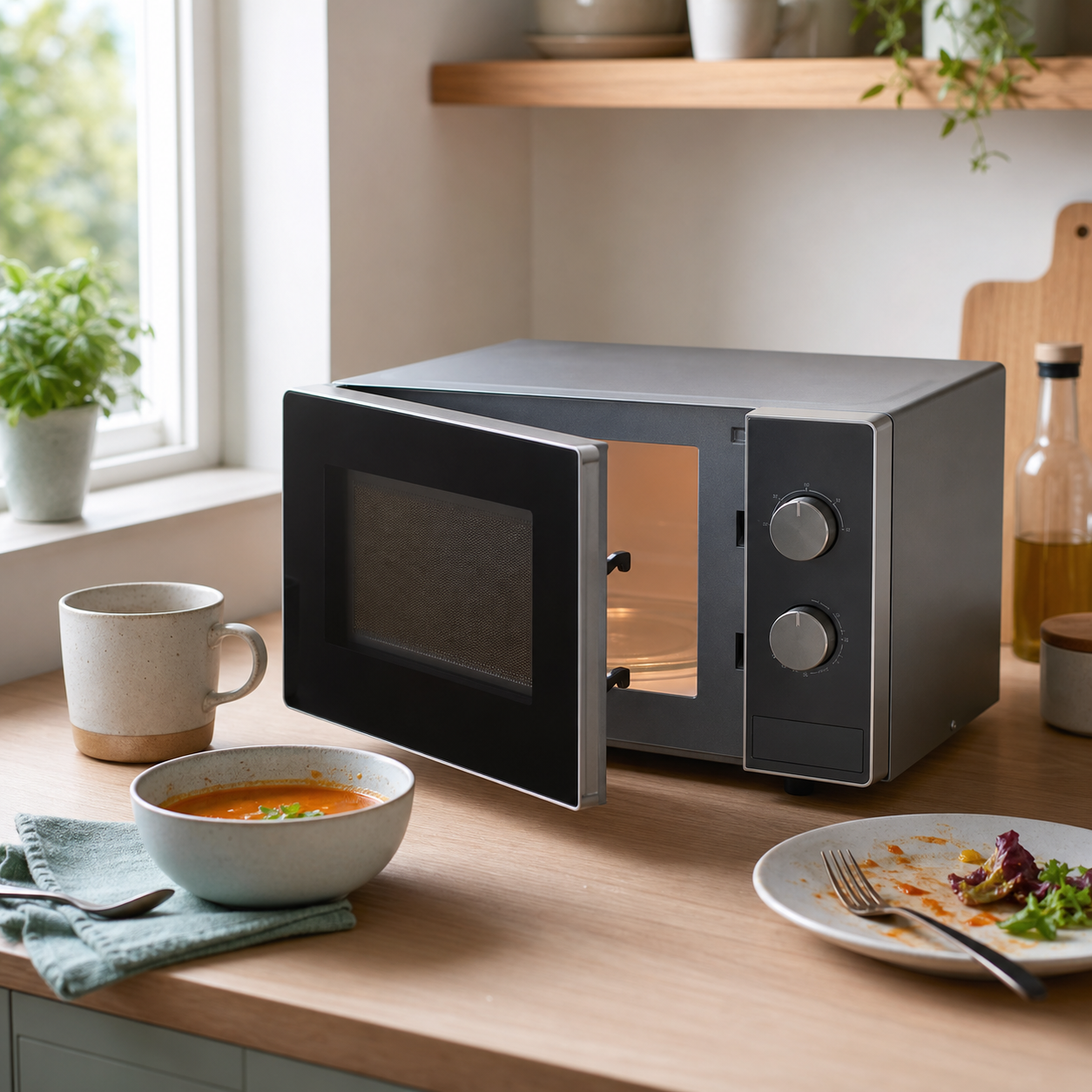 Compact solo microwave with a mug, soup bowl and leftover plate on a kitchen worktop