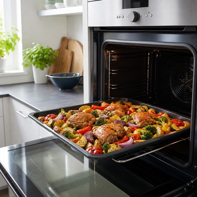 Family tray meal in a fan oven