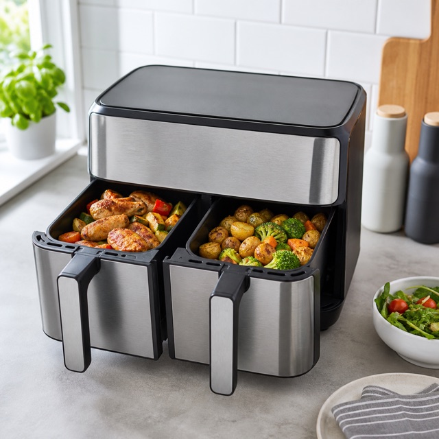 Dual-drawer air fryer with both drawers filled for a larger meal