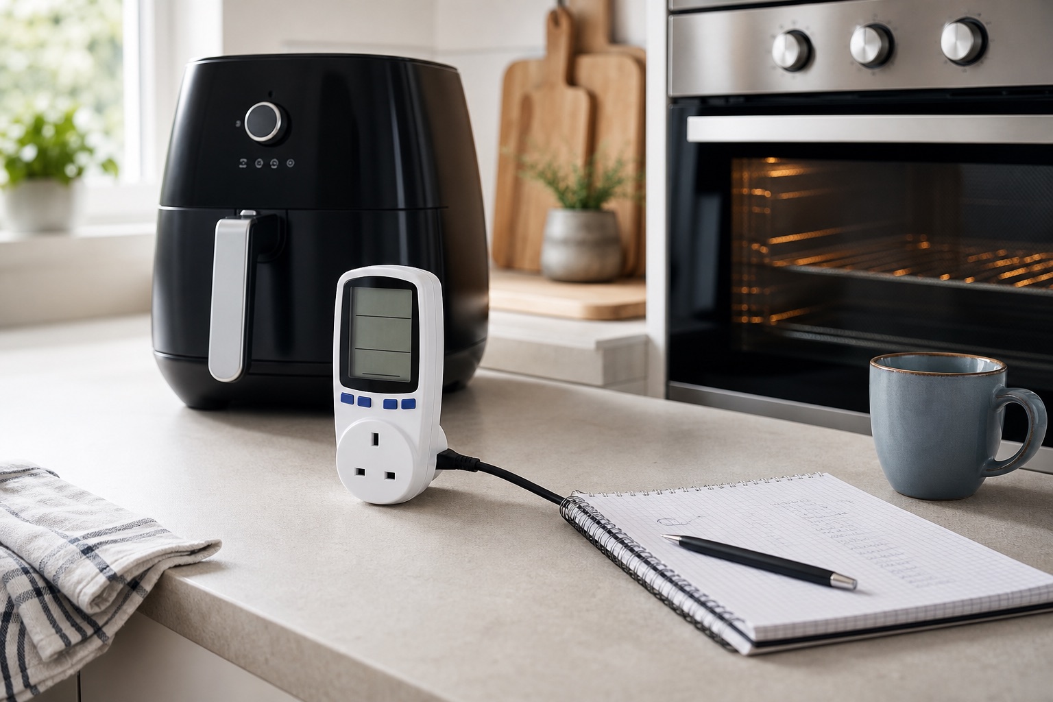 Plug-in energy meter beside an air fryer and oven for a running-cost comparison