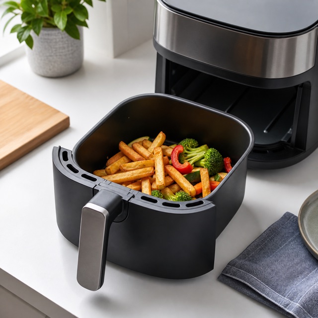 Basket air fryer with a small portion of chips and vegetables