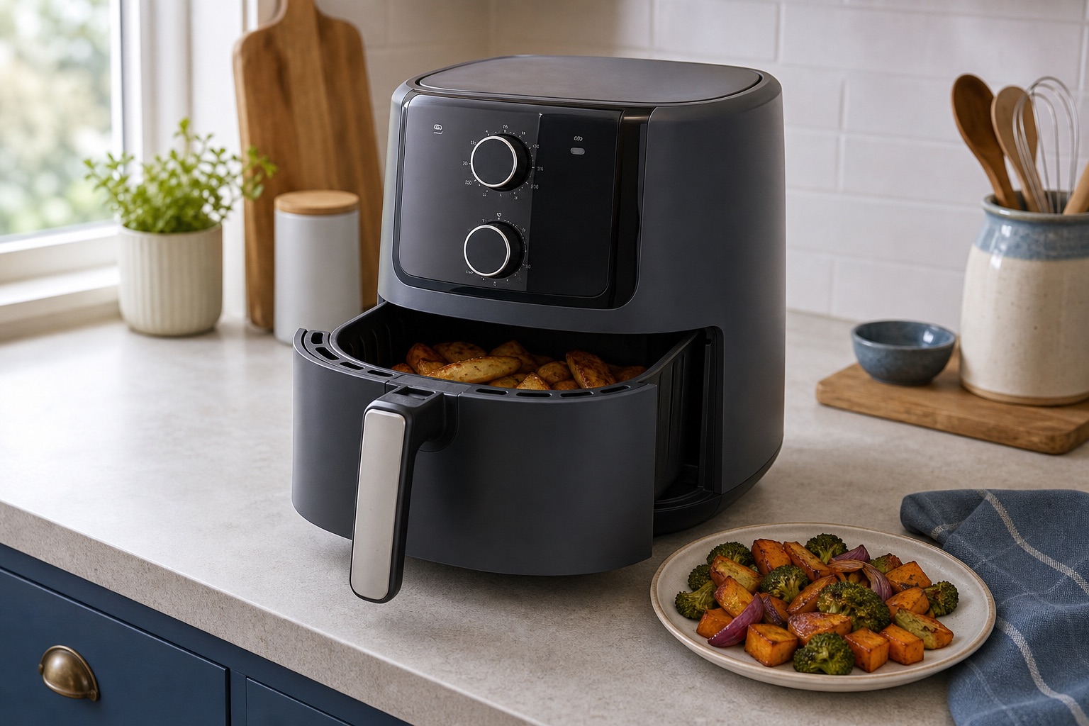 Air fryer basket and controls arranged for a buying advice topic card