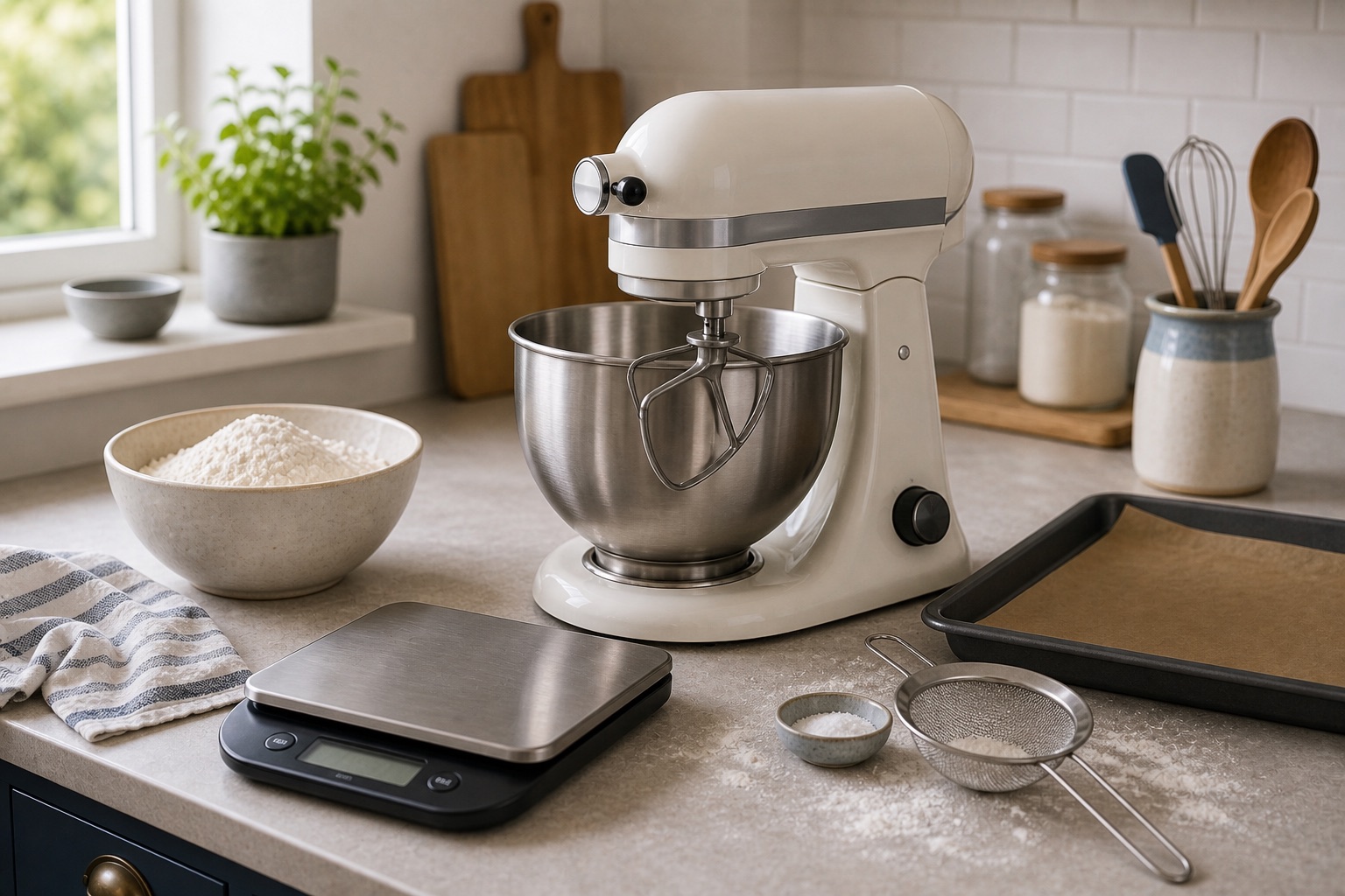 Stand mixer, baking tins and ingredients for a buying advice topic card