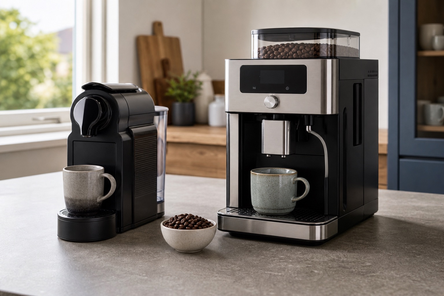 Coffee machines on a kitchen counter for a buying advice topic card