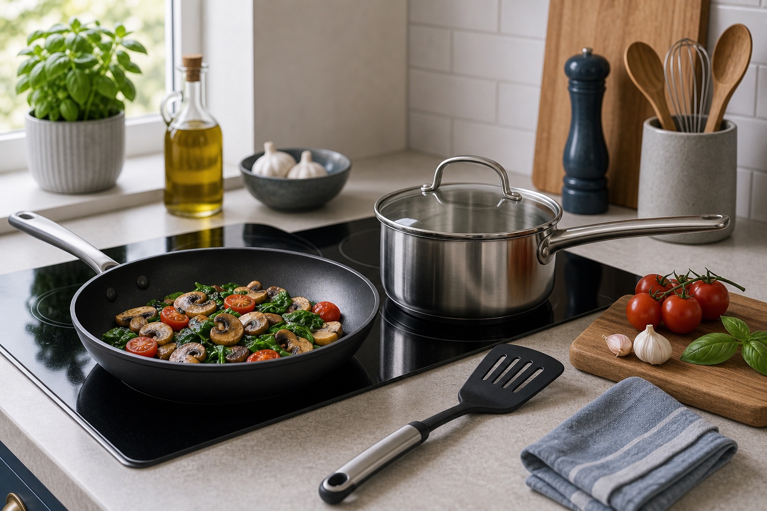 Cookware, utensils and ingredients on a kitchen worktop for a buying advice topic card