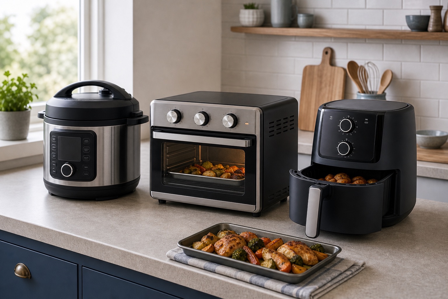 Countertop cooking appliances on a kitchen worktop for a buying advice topic card