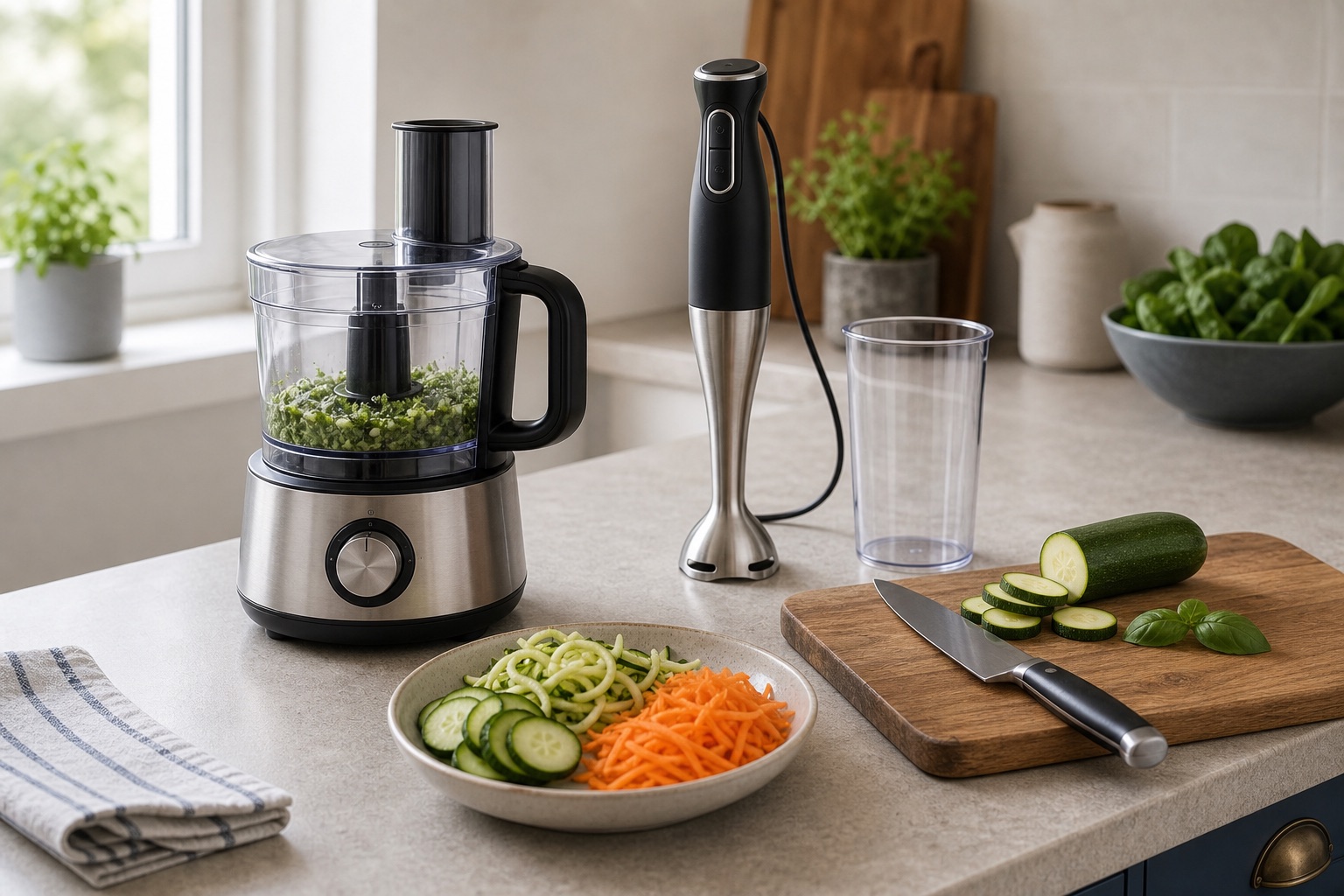 Food processor, chopping board and prep tools for a buying advice topic card