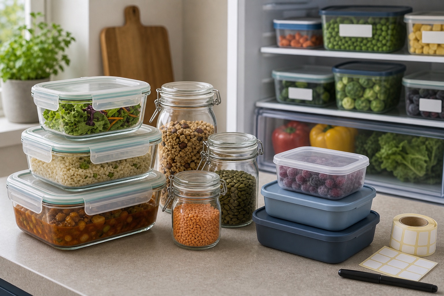 Stacked food containers and labelled jars for a buying advice topic card