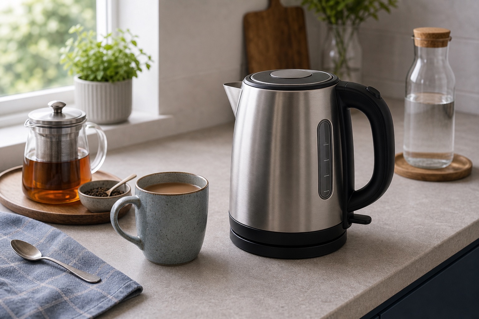 Electric kettles and mugs on a worktop for a buying advice topic card