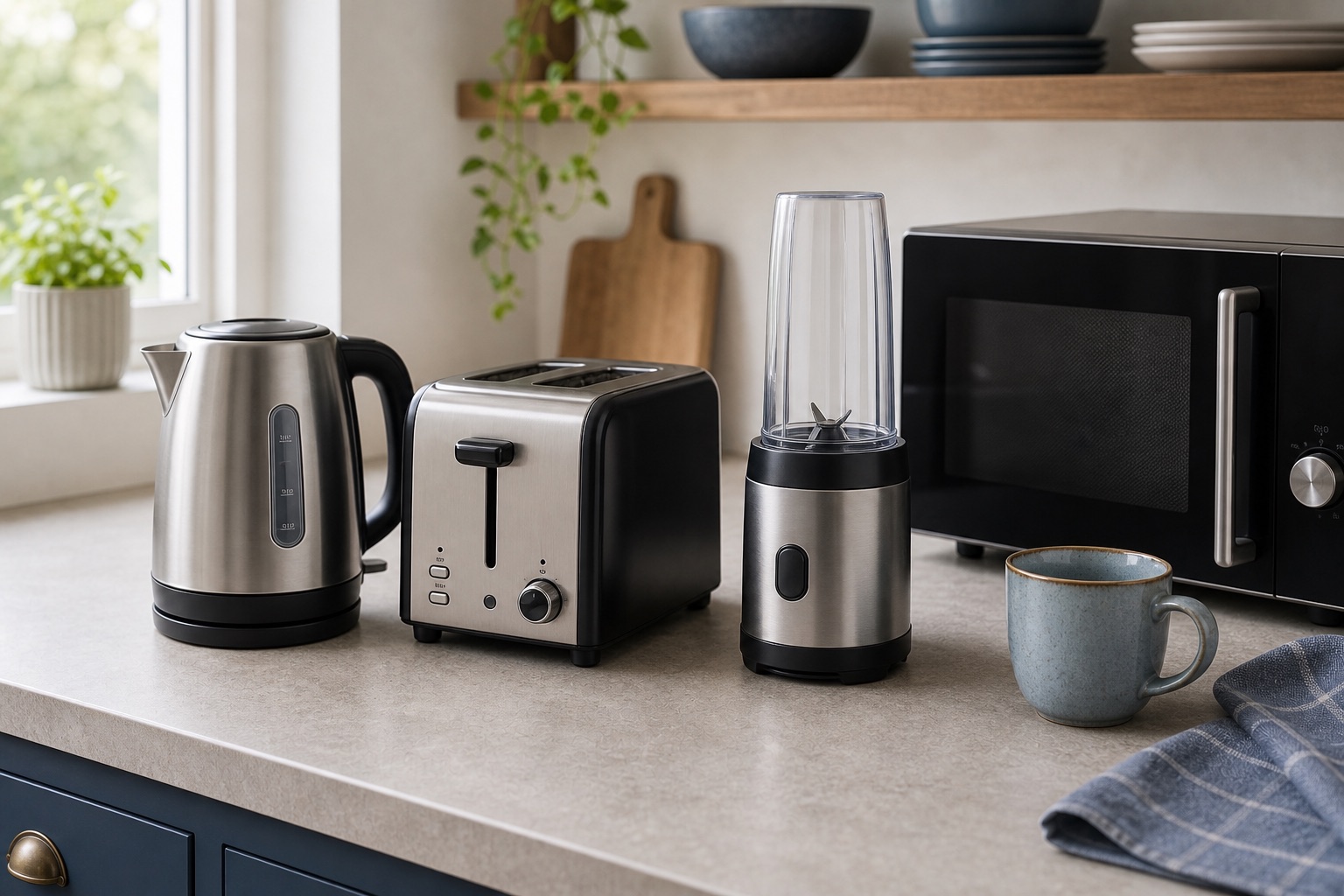 Kitchen appliances arranged on a worktop for a buying advice topic card