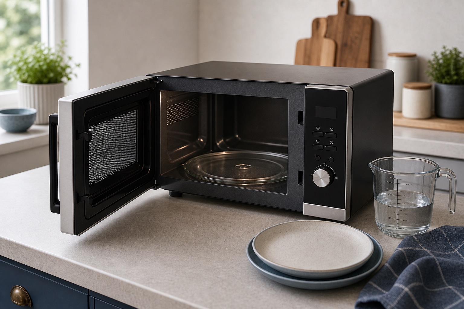 Microwave oven controls and interior for a buying advice topic card