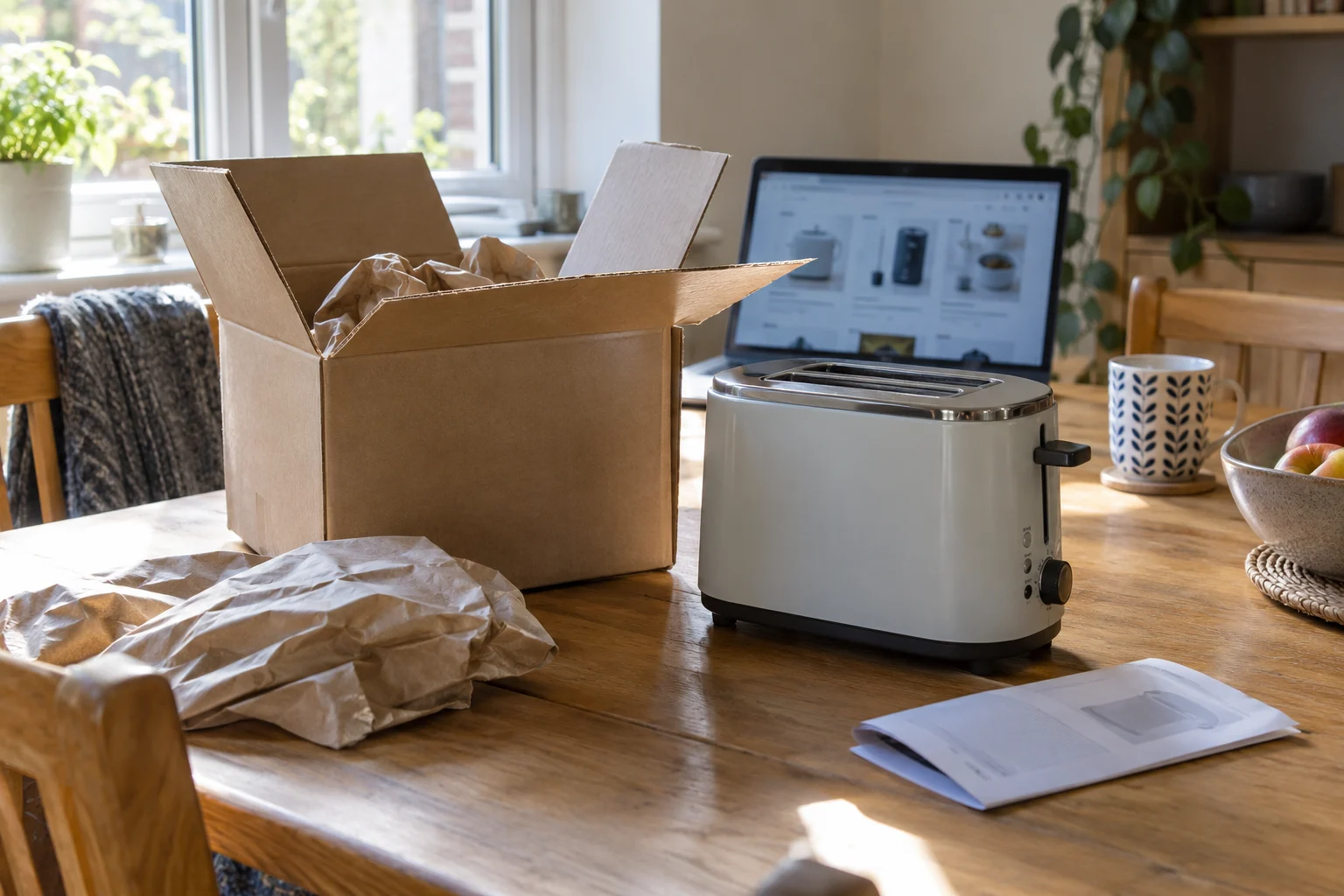 An unpacked toaster, its delivery box and a laptop on a dining table