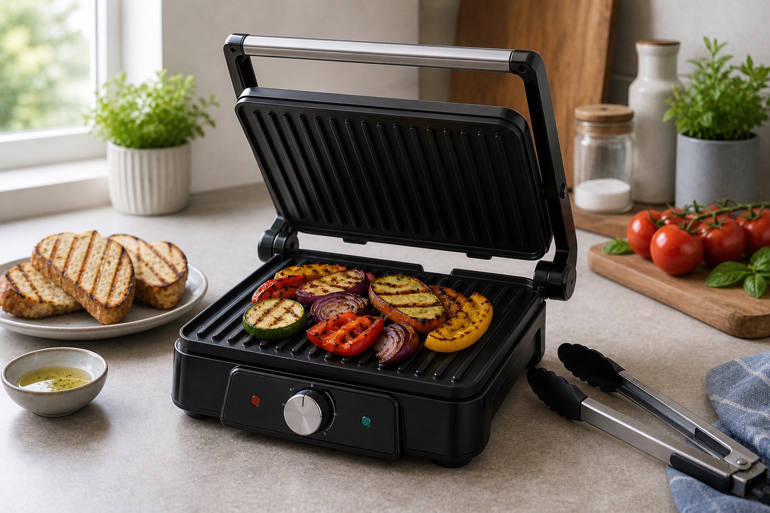 Tabletop grill with grilled food for a buying advice topic card