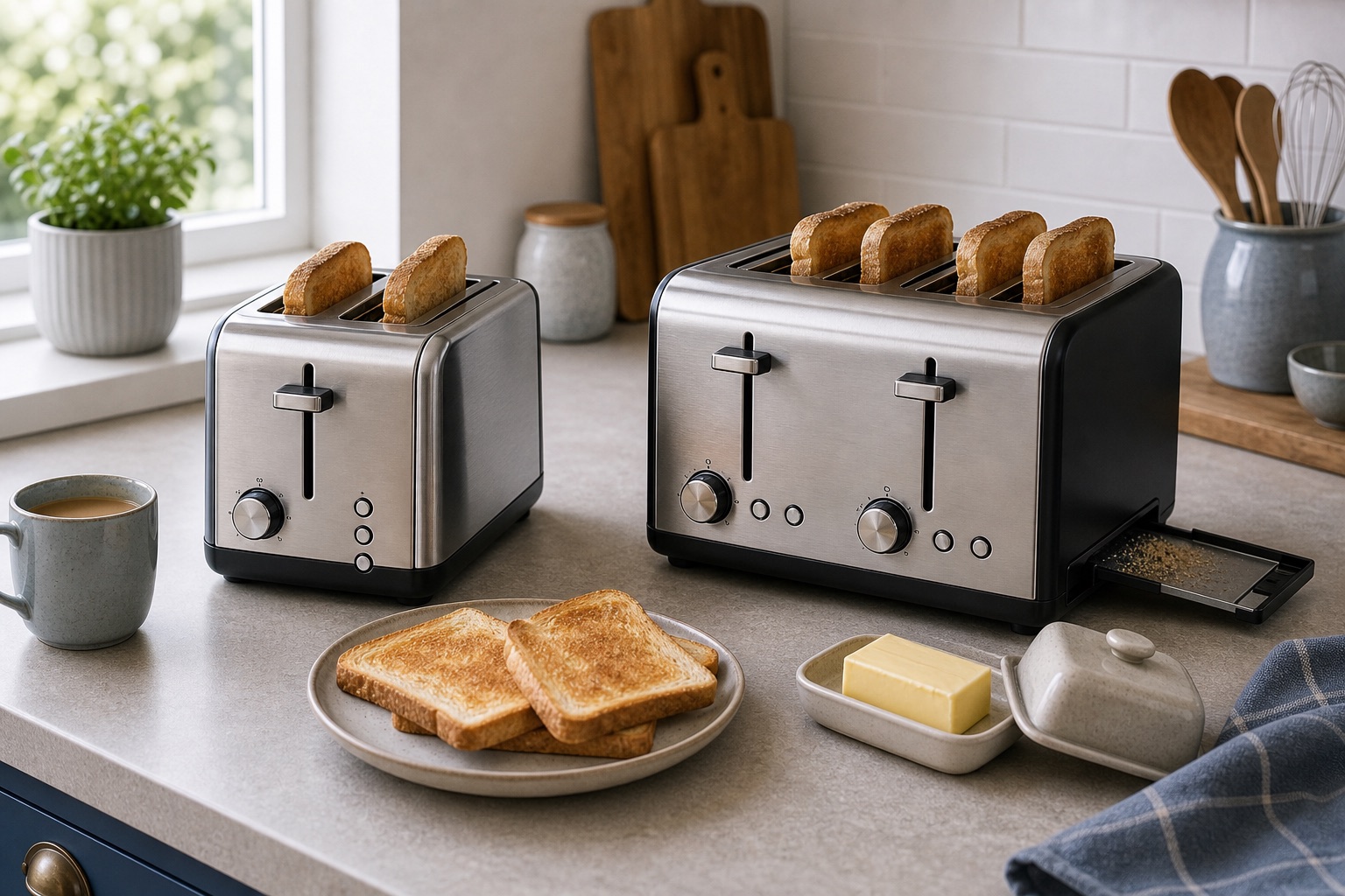 Toasters with toast and breakfast items for a buying advice topic card